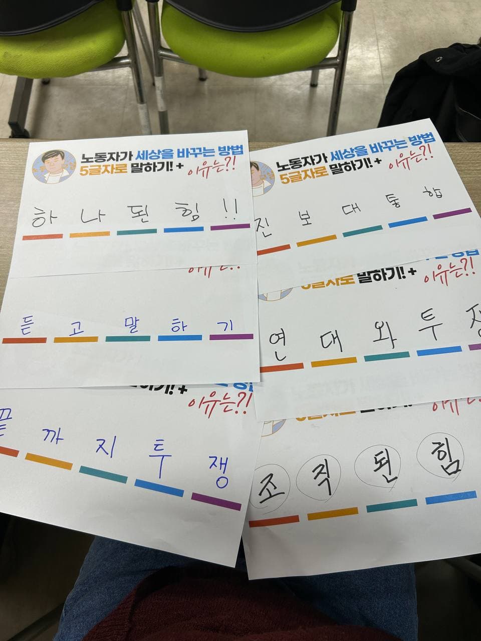 참가자들이 "노동자가 세상을 바꾸는 방법"을 적은 활동지